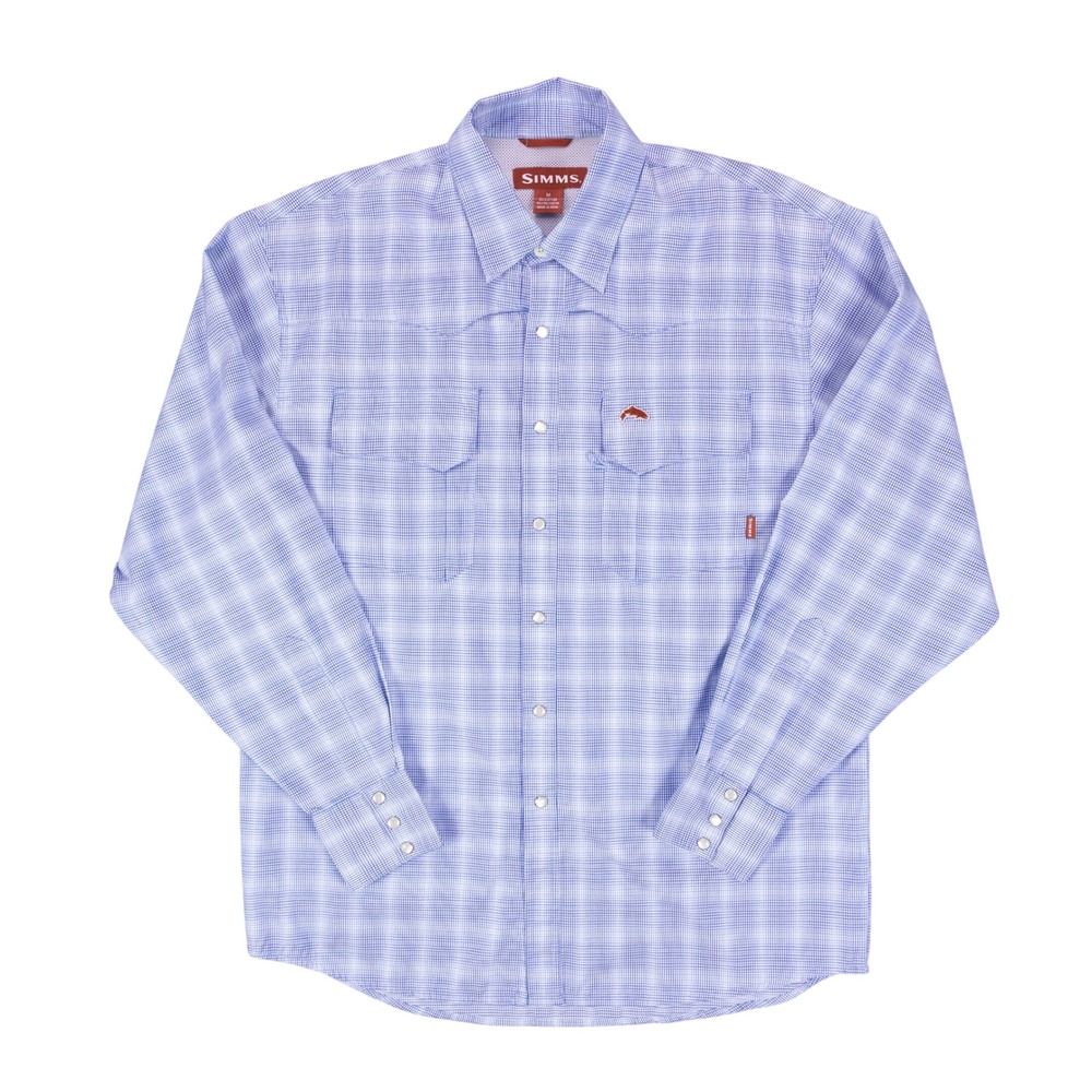 Simms Western Pearl Snap Fishing Shirt Mens M Blue Plaid Cotton Blend 3XDRY Vent